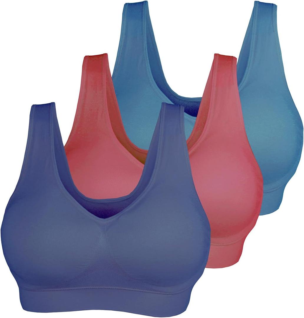 KINYAOYAO 3 Pack Women's Ultimate Comfy Medium Support Seamless Wireless Sports Bra with Removable Pads (5X)