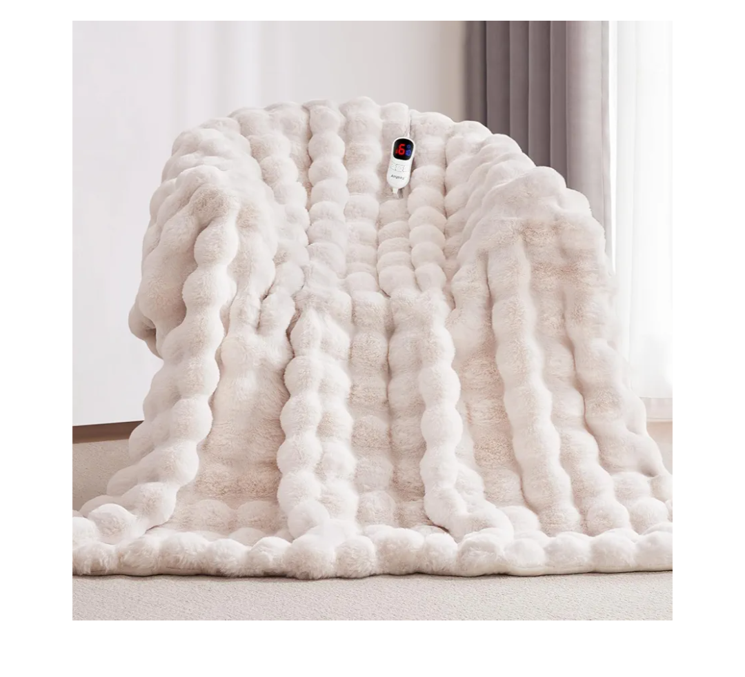 Heated Blanket Full Size with 1/2/4/6/8 Hours Auto-Off 10 Heat Level, 62'' * 84'' Cozy Faux Rabbit Fur Bubble Electric Blanket with Overheat Protection(White)