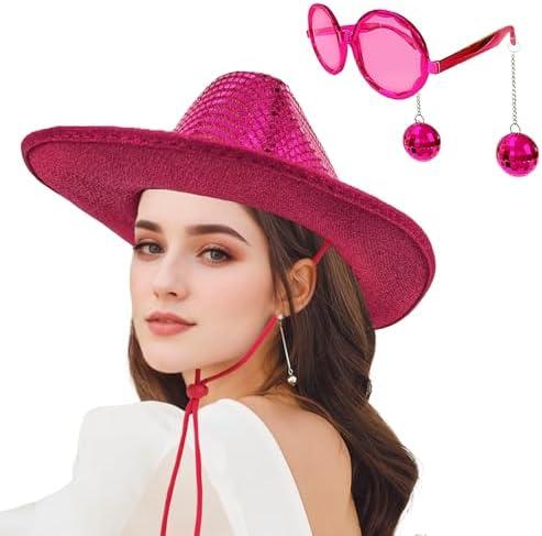 JIANGLAI Disco Ball Western Cowboy Hat with Disco Sunglass, Sparkly Mirrored Cowgirl Hat for Women Men Costume Cosplay Party