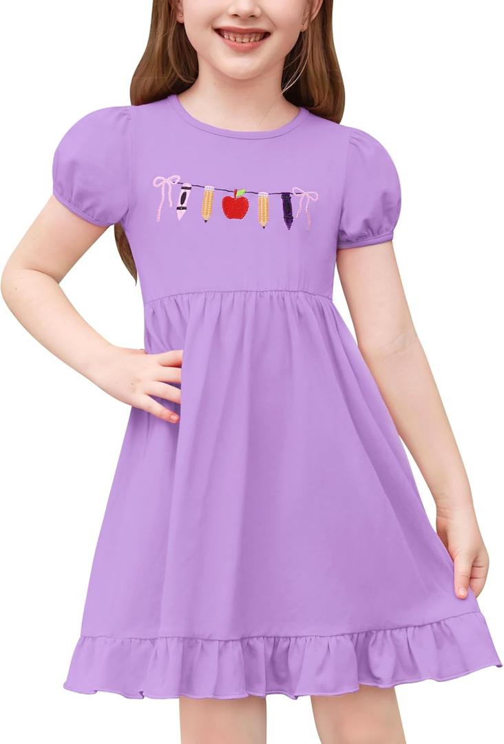 ODASDO Girls Back to School Dress Apple Pencil Embroidered Short Sleeve Ruffle Swing Twirly Dress Summer Outfit (Purple)
