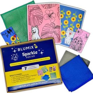 Variety Cleaning Cloth & Sponge Set  7 Items: 2 Swedish Dishcloths, 2 Compressed Cellulose Sponges, 2 Glass Cleaning Cloths, 1 Mesh Wire Scrubbing Cloth | Low-Waste, Plant-Based Essentials