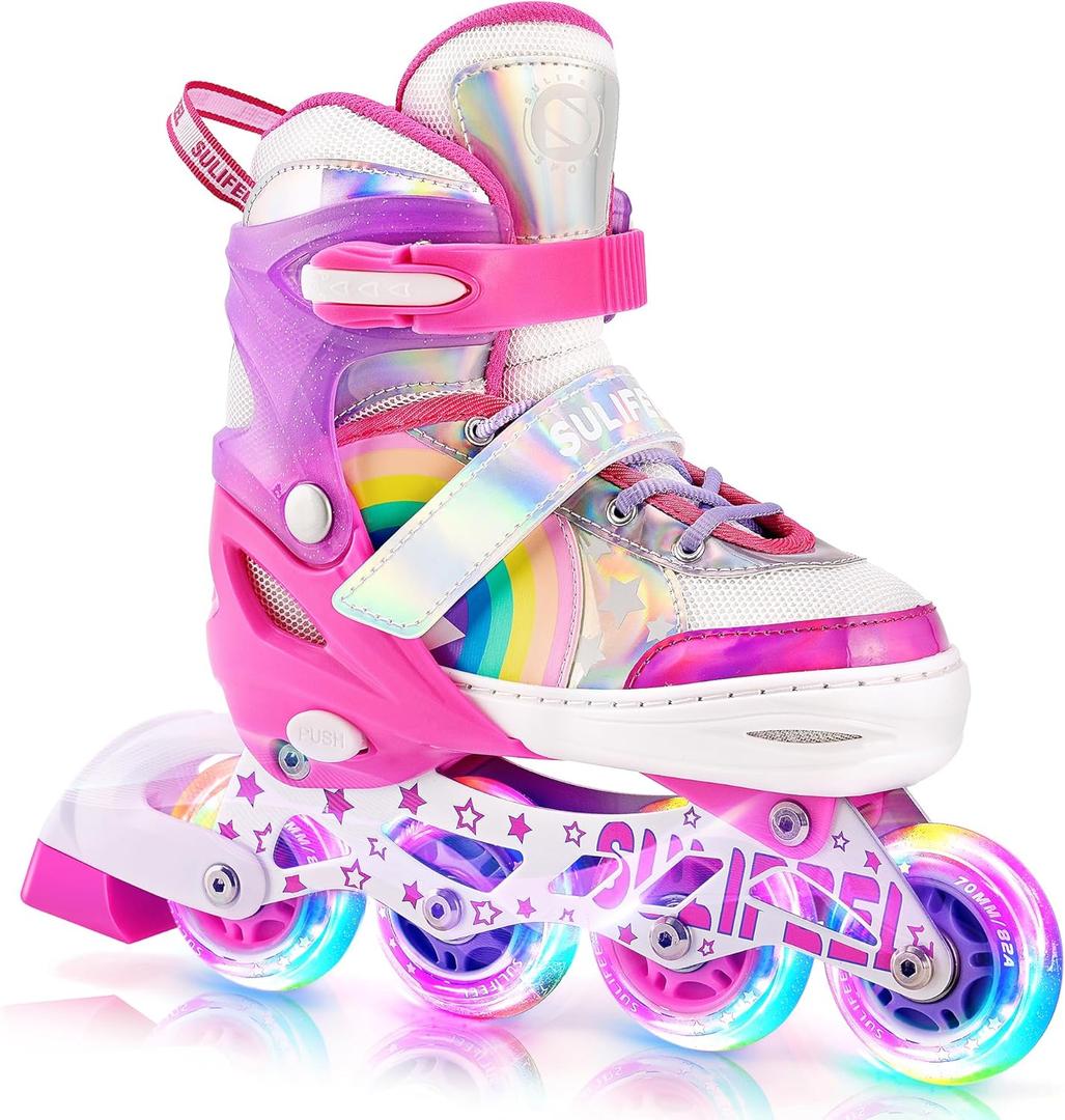 SULIFEEL Rainbow Unicorn Inline Skates for Girls Boys 4 Size Adjustable Light up Wheels Skates for Kids Beginner (Medium - Big Kid)
