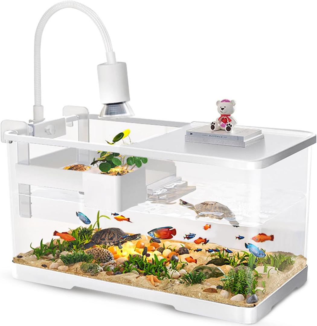 (Tank + Light + Filter + Filter Balls) Turtle Tank Kit, Turtle Tank Starter Kit, Bottom Drainage, Multi-Function Areas for Turtles, Crabs, Fish, Amphibians, Reptiles. (15.75 x 8.64 x 8.64 inches)
