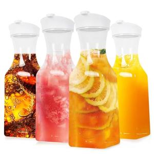 Set of 4 Plastic Carafe with Lid, 1 Liter Mimosa Bar Supplies, Large Square Base Juice Containers, Water Bottle, Milk Container, Clear Beverage Containers for Fridge - HAND WASH ONLY
