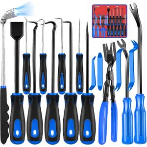 Keze 17 Pcs Hook and Pick Set Auto Trim Removal Tool Kit, Clip Plier Remover Tool Gasket Scraper Telescoping Magnetic Pickup Tool for Automotive Repair and Car Body Door Panel Fastener Removal