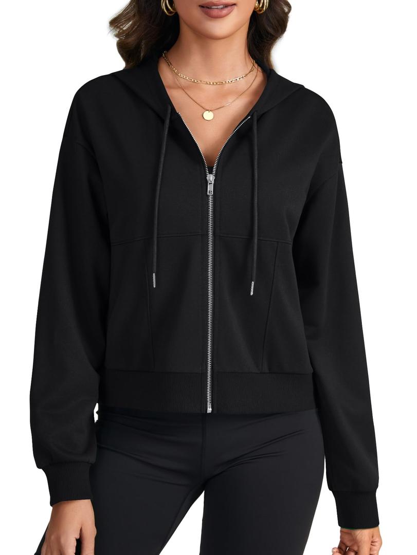 LYANER Women's Full Zip Up Hoodie Sweatshirt Workout Long Sleeve Casual Crop Tops with Pockets Black (Black, XL)