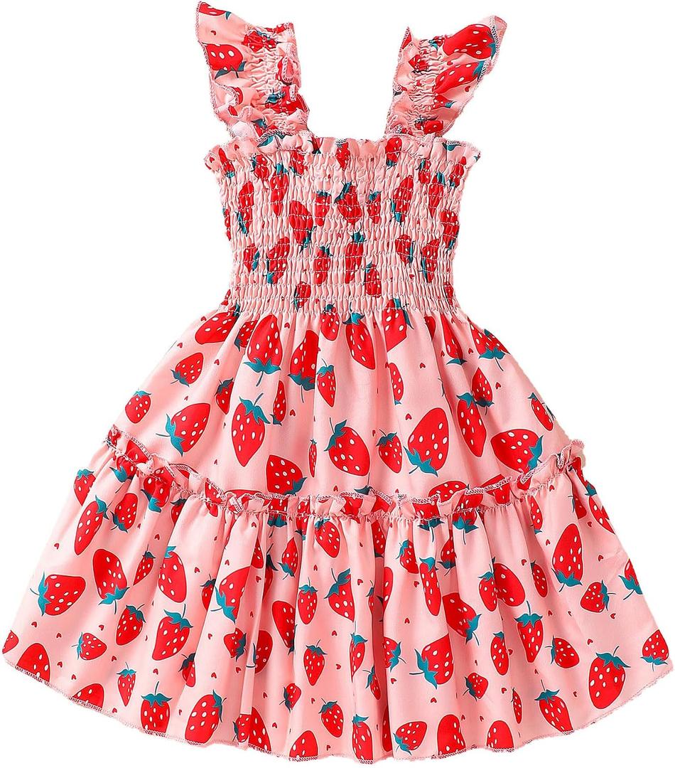 RETSUGO Little Girls Dresses Flutter Sleeve Casual Birthday Party Dress Toddler Kids Swing Twirly Summer Sundress 7-8 Years