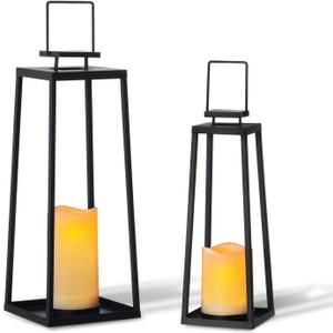 Solar Lantern Decorative Outdoor Set of 2 (18 & 15) Modern Black Metal Lanterns with Solar Candles, Decorative Candle Lanterns for Outdoor Porch, Patio, Garden, Yard Decor