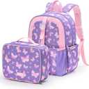 mommore Kids Backpack for Boys Girls 4-8 Kindergarten Elementary School Backpack with Lunch Box - 15 H Fit Folder (Purple Butterfly)