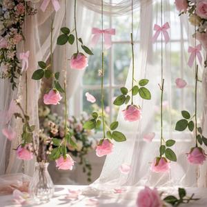 8 Set Rose Flower Garland, Artificial Flower Decoration, Artificial Floral Hanging Rose with Bows Garland Ceiling Decor with Hooks Jute Rope Fishing Line for Wedding, Proposal (Pink)