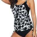 Zando Bathing Suit for Women Tankini Swimsuit for Women Crewneck Two Piece Bathing Suit Tummy Control Tankini Top with Shorts, 16-18, White Print Black Floral