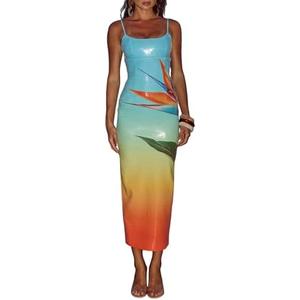Owl's-Yard Women Sexy Maxi Dress Y2K Spaghetti Strap Floral Print Low Cut Backless Slim Fit Sequins Long Cocktail Dress XL