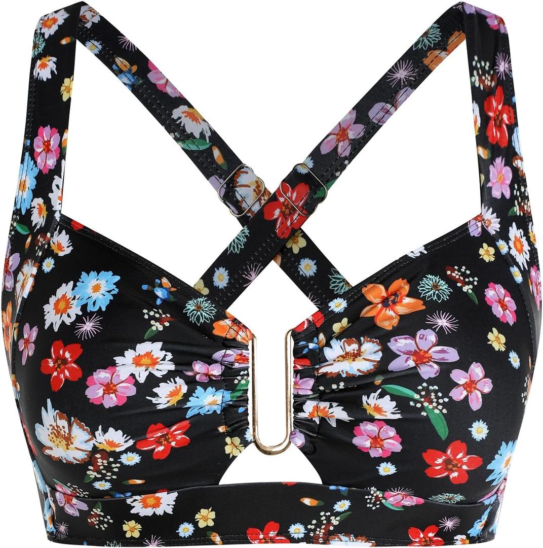 ZAFUL Women U-Wired Bikini Top Only- Ruched Cut Out Back-Cross Adjustable Straps Bathing Suit Top Only for Large Bust (Black, XL)