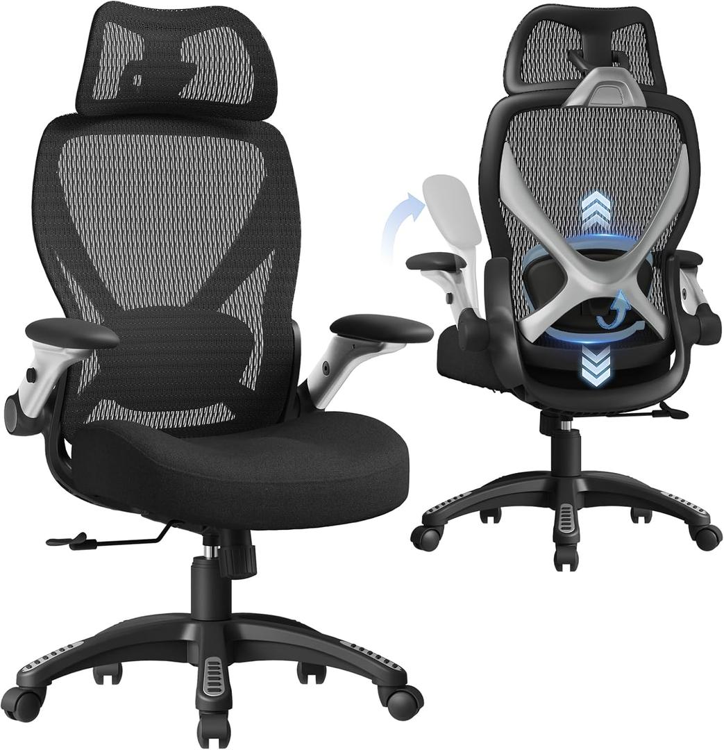 ELABEST X100 Ergonomic Mesh Office Chair, Big and Tall Hone Desk Chair with 5D Flip-Up Arms, Adjustable 3D Lumbar Support,Gaming & Executive Computer Chairs for Long Hours, Padded Seat