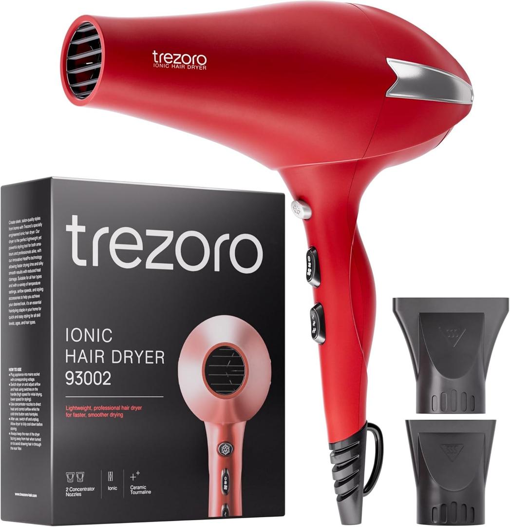TREZORO Professional Hair Dryer, Ionic Ceramic Tourmaline Technology, 2000W Fast Quiet Drying, with Narrow & Wide Concentrator Nozzles, 3 Heat & 2 Speed Settings, Cool Shot Button, Red