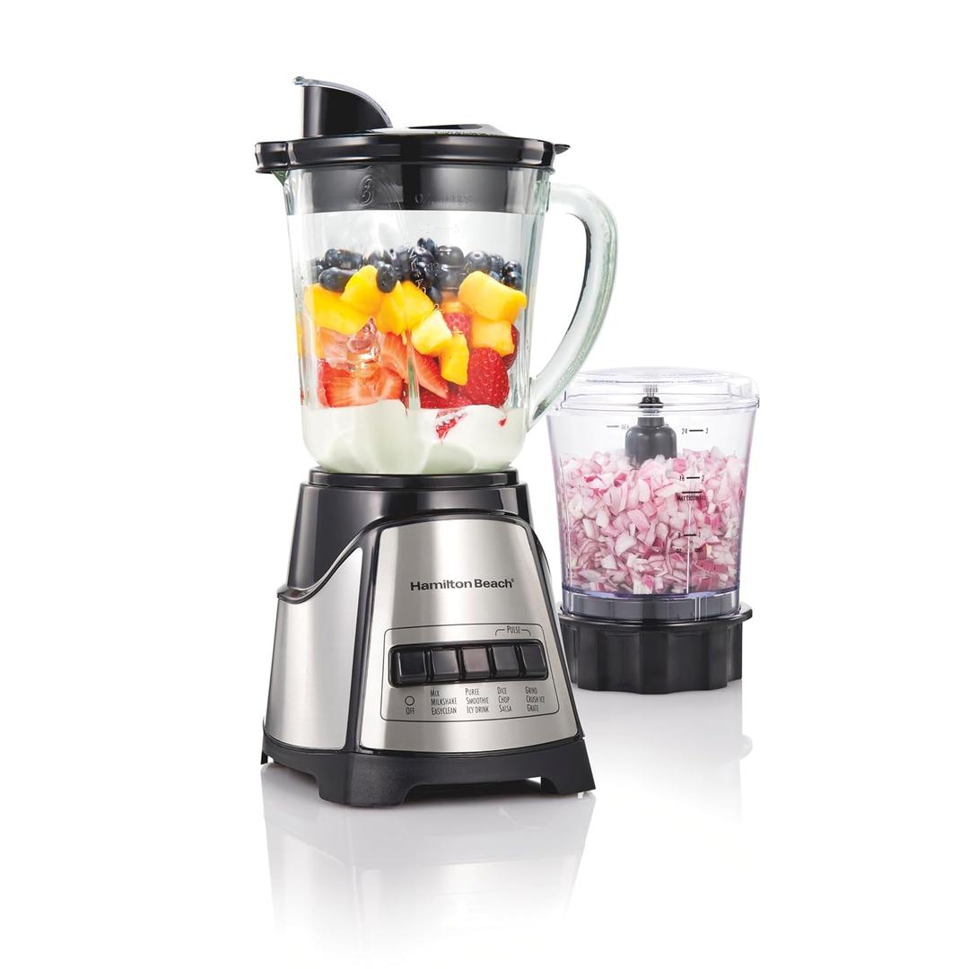 Hamilton Beach Power Elite Blender for Smoothies with 3-Cup Vegetable Chopper, Mini Food Processor, 40oz Glass Jar, 12 Functions for Puree, Ice Crush, Black and Stainless Steel (58149)