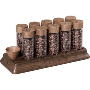 Single Dose Coffee Bean Storage Tubes Coffee Storage Container with One-Way Exhaust Valve,Coffee Bean Cellar 10 Pcs Dosing Glass Vials (2 Oz) Walnut Wood Stand Funnel And Lids