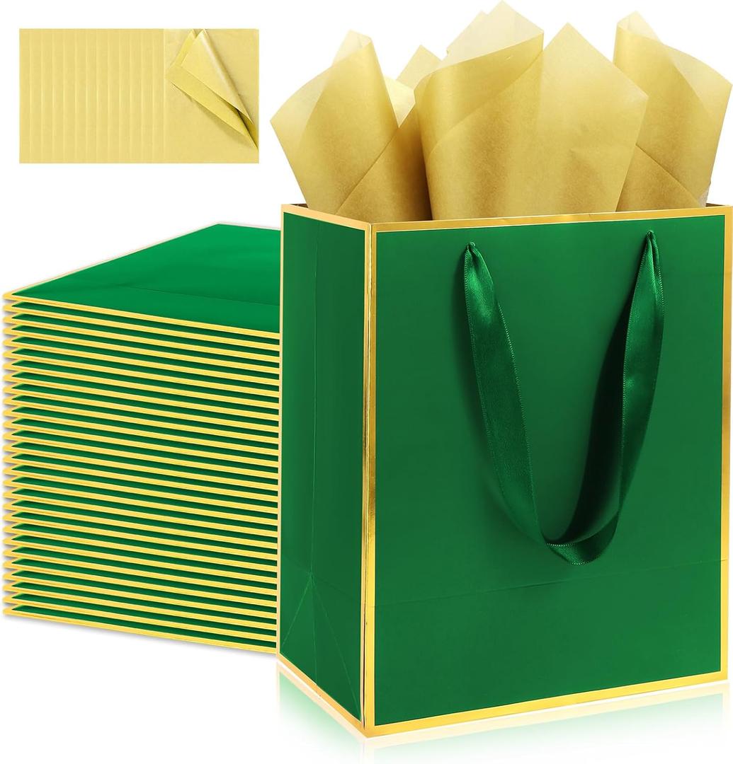 Addblu 28 Pack Bulk Luxury Gift Bags with Handles, Medium Size 9x7x3.15 Inches - Includes 28 Tissue Papers for Wedding, Birthday, Baby Shower, Easter, Mother's Day & Party Favors (Green with Gold Foil Trim)