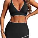 ZAFUL Women's High Waisted Bikini with Skirt Whip Stitch 2 Piece Swimsuits Tummy Control Bathing Suit (Large, 0-black)