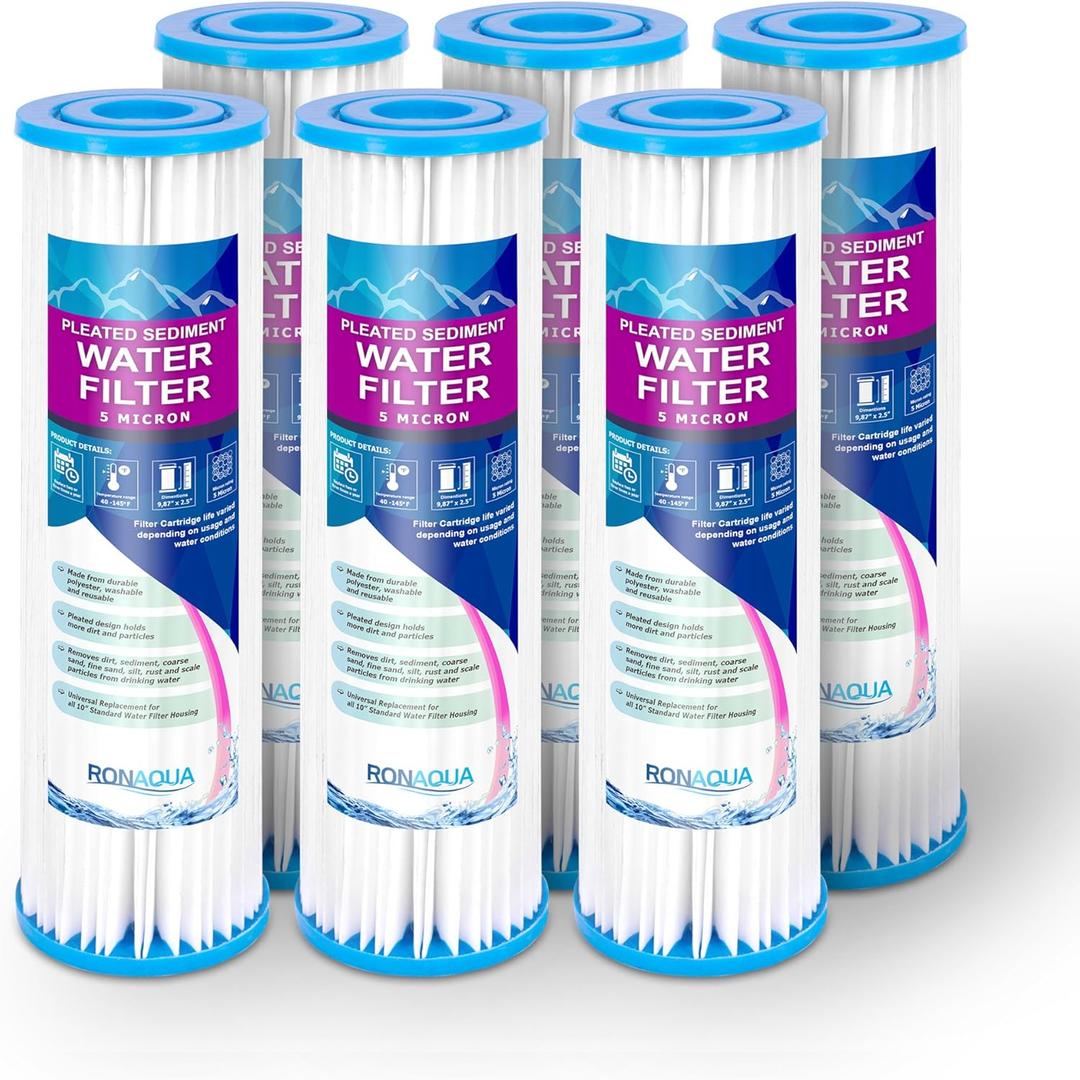Pleated Sediment Water Filter Cartridge 9.87x 2.5 Amplified Surface Area, Removes Sand, Dirt, Rust, Extended Filter Life WELL-MATCHED with WHKF-WHPL, 801-50, WB-50W, WFPFC3002, SPC-25-1050 (6 Pack)