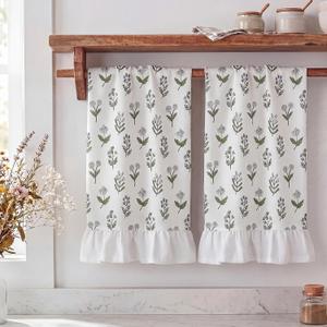 CrystalSylara 2 Pcs Vintage Floral Kitchen Towels 18 x 28 Inch 100% Cotton Ruffled Dish Towel Cottage Core Kitchen Towel Block Print Hand Towels for Drying Dishes Entertaining Guests Farmhouse Charm