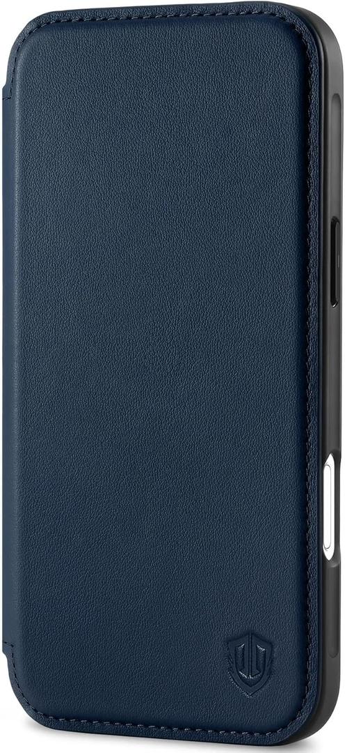 SHIELDON Slim Leather Case Wallet for iPhone 17 Pro | Wireless Charging, Flip Design, RFID Blocking Card Slot, Magnetic Closure, Shock Absorbing Cover - Dark Blue