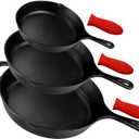 Pre-Seasoned Cast Iron Skillet Set of 3 | 6", 8" & 10" Cast Iron Frying Pans with 3 Heat-Resistant Holders - Indoor and Outdoor Use - Oven Grill Stovetop Induction Safe Cookware