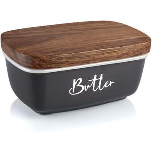 Gray Butter Dish, ALELION Large Ceramic Butter Dish with Lid for Countertop, Butter Container with Acacia Wooden Lid, Modern Country Kitchen Decor and Accessories for Counter, for Kitchen Gifts