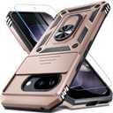 Janmitta Case Compatible with Google Pixel 9A Built in Slide Camera Lens Cover+Screen Protector+Finger Ring Holder Kickstand,Heavy Duty Shockproof Full Body Protective Phone Cover,Rose Gold