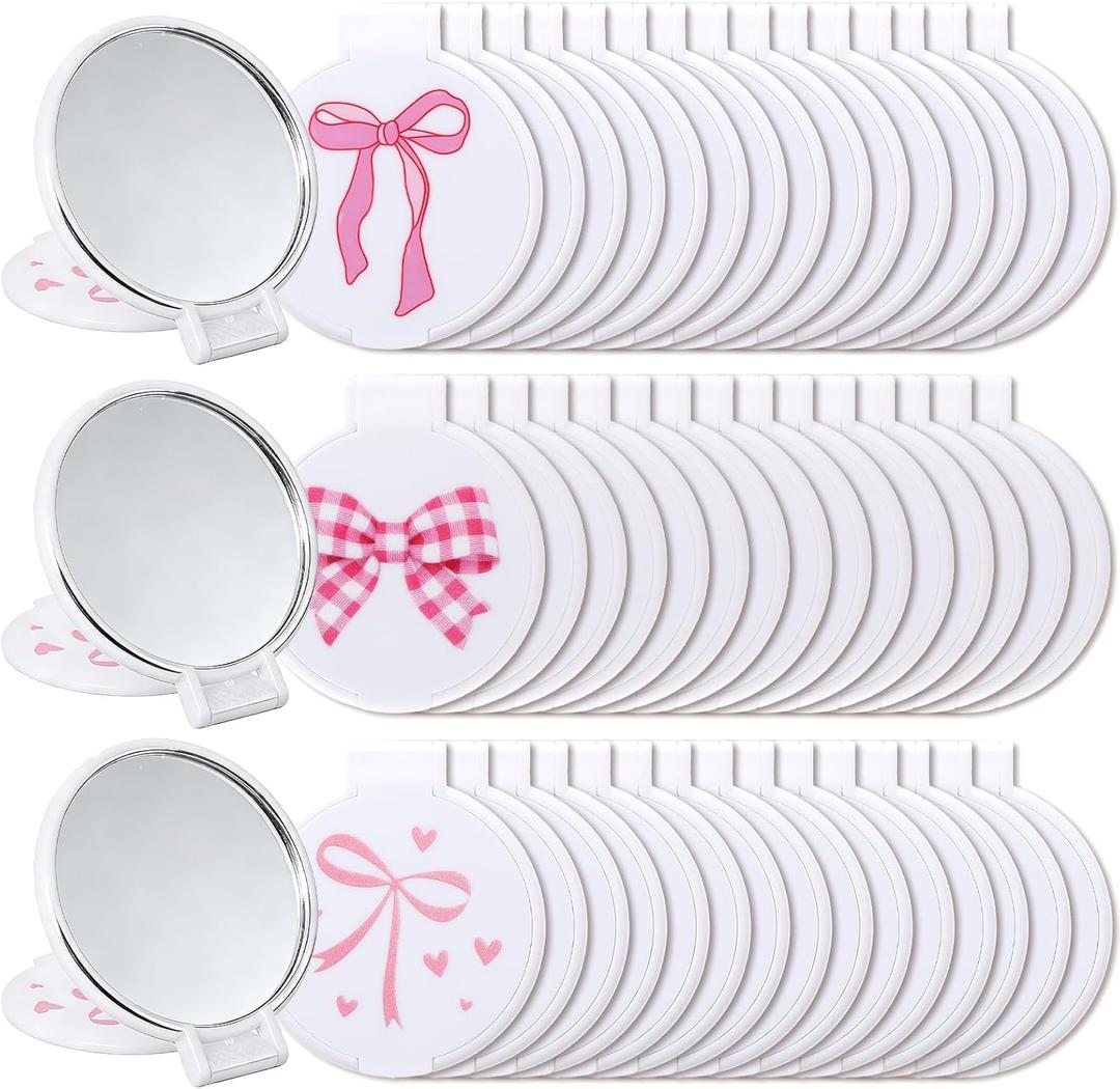 48 Pcs Compact Mirror Bulk, Round Mini Bow Makeup Mirrors Portable Small Folding Pocket Mirror for Women, Girls, Daily Use, Daily Use (3 Styles)