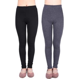 IRELIA 2 Pack Girls 100% Cotton Fleece Lined Warm Leggings Stretchy for Winter (10/M, Black/Heather Gray)