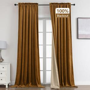 100% Blackout Goldbrown Velvet Curtains 52 x 108 Inches Long Curtain Drapes for Living Room Darkening Thermal Insulated Grommet Black out Curtains for Bedroom Windows Light Blocking Set of 2 Panels