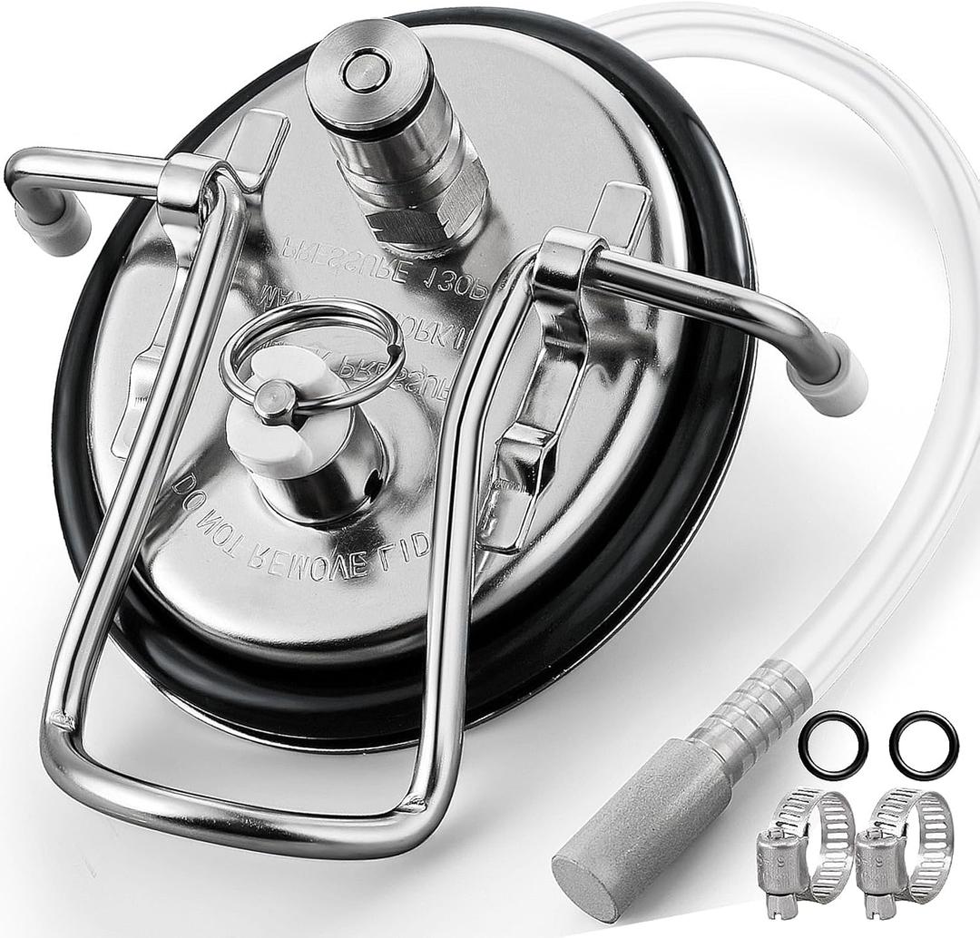 Carbonation Keg Lid Beer Keg Replacement Lid Universal For Corny Keg Cornelius Keg Ball Lock Keg, HomeBrew 304 Stainless Steel Carbonating Keg Lid with Carbonation Diffusion Stone & 20'' Silicone Tube