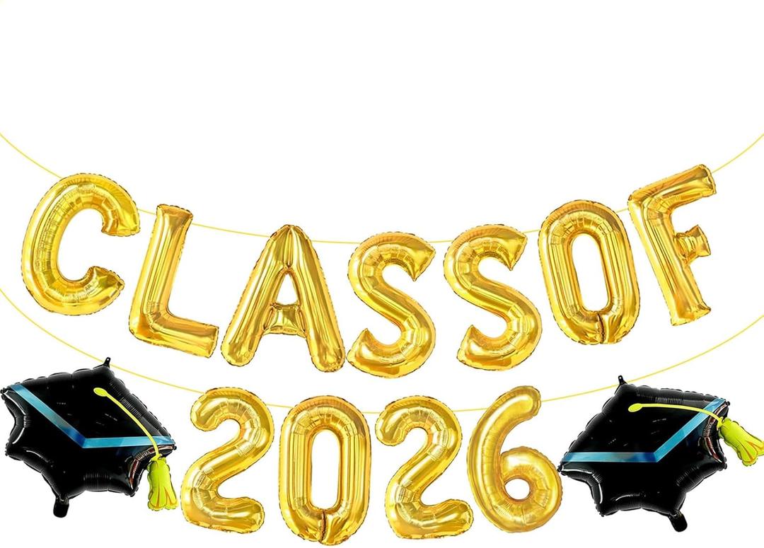 3 x Gold Class of 2026 Balloons - Grad Balloon for Graduation Decorations 2026 - Grad Class of 2026 Banner for Congrats Grad Decorations - Grad Party Decor Supplies