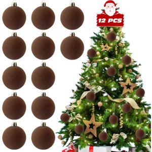 Dazftiey 12 PCS Brown Velvet Ornaments for Christmas Tree Decorations, Warm Brown Velvet Christmas Ornaments Balls,Shatterproof Xmas Decorative Hanging Ornaments(2.36 Inch)