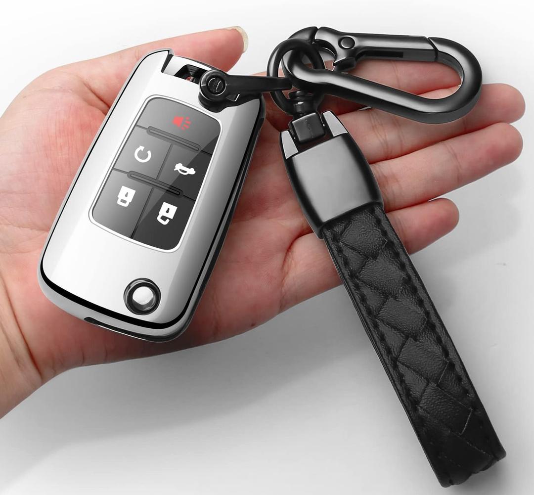 Sindeda for Chevrolet Key Fob Cover with Keychain TPU Full Protection Key Shell Case Compatible with Chevy Equinox Camaro Cruze Malibu Sonic Volt Park Impala Buick Encore Allure Regal-Silver