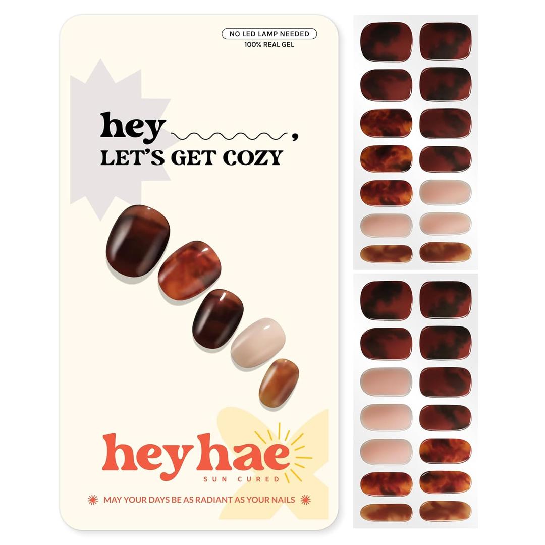 Heyhae Semi Cured Gel Nail Strips | No LED Lamp Needed | Fall, Marble, Brown | Easy Apply & Remove, Salon Quality | Includes 28 Strips, 1 Prep Pads, Nail File & Wooden stick - Hey, Lets Get Cozy