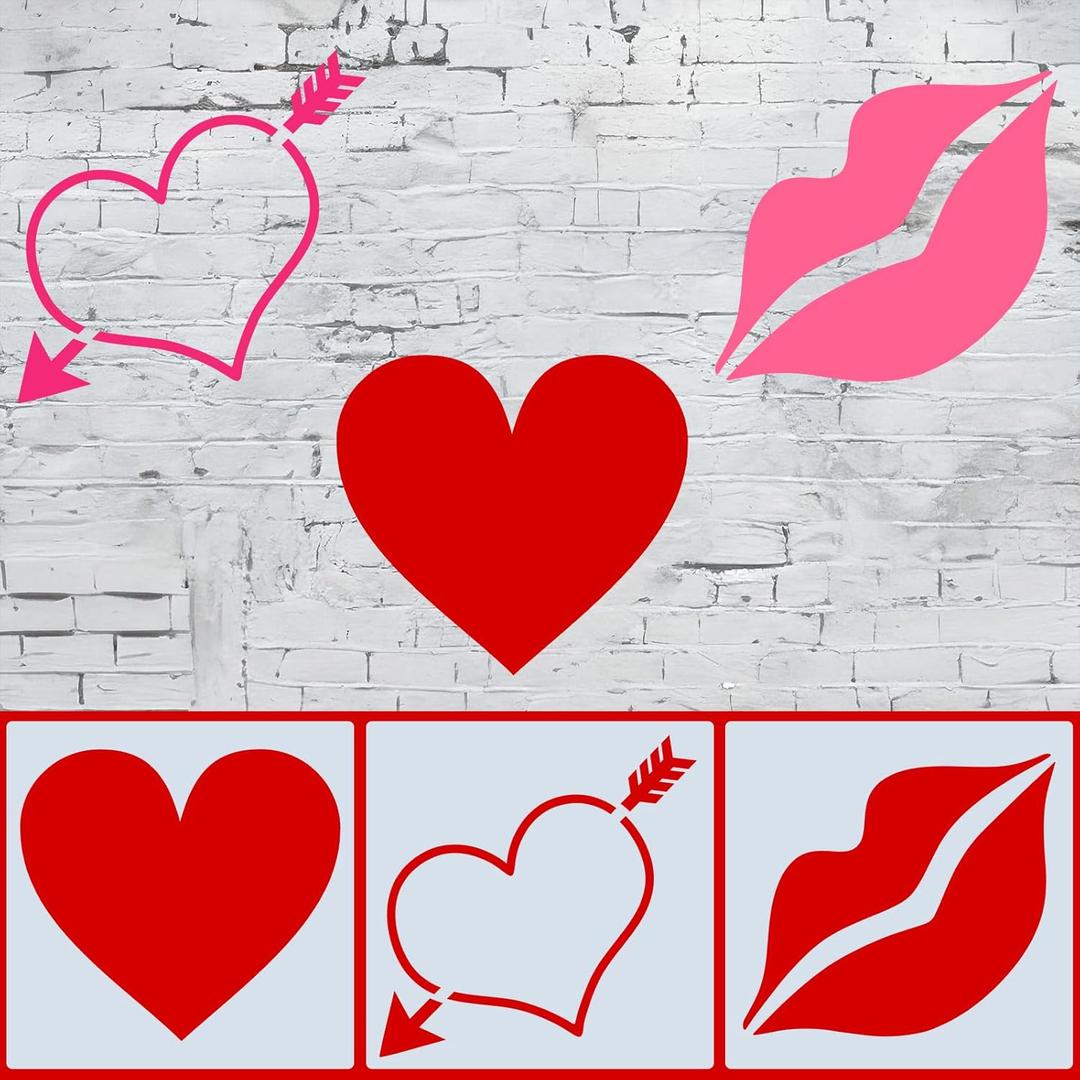 3 Pcs 18 x 18'' Valentines Large Heart Stencil for Painting on Wall Wood Stone Reusable Lips Heart Templates Love Stencils for Fabric Walls Paper Valentines Day Drawing Spraying Crafts