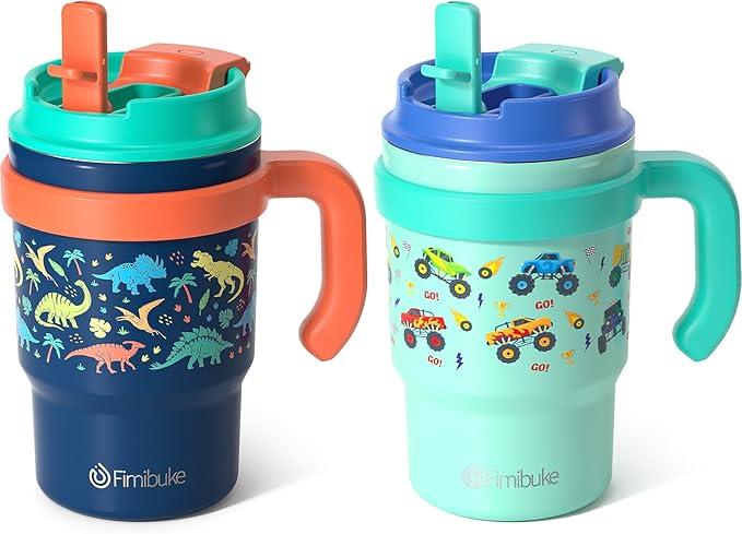 Fimibuke 16oz Kids Insulated Tumbler with Handle & Straws - 2 Pack BPA FREE 18/8 Stainless Steel Toddler Cups with Sip/Swig 2-in-1 Lids, Leak Proof Kid Drinking Cup Travel Mugs for Children Boys Girls (B3.Rainbow & Mermaid)