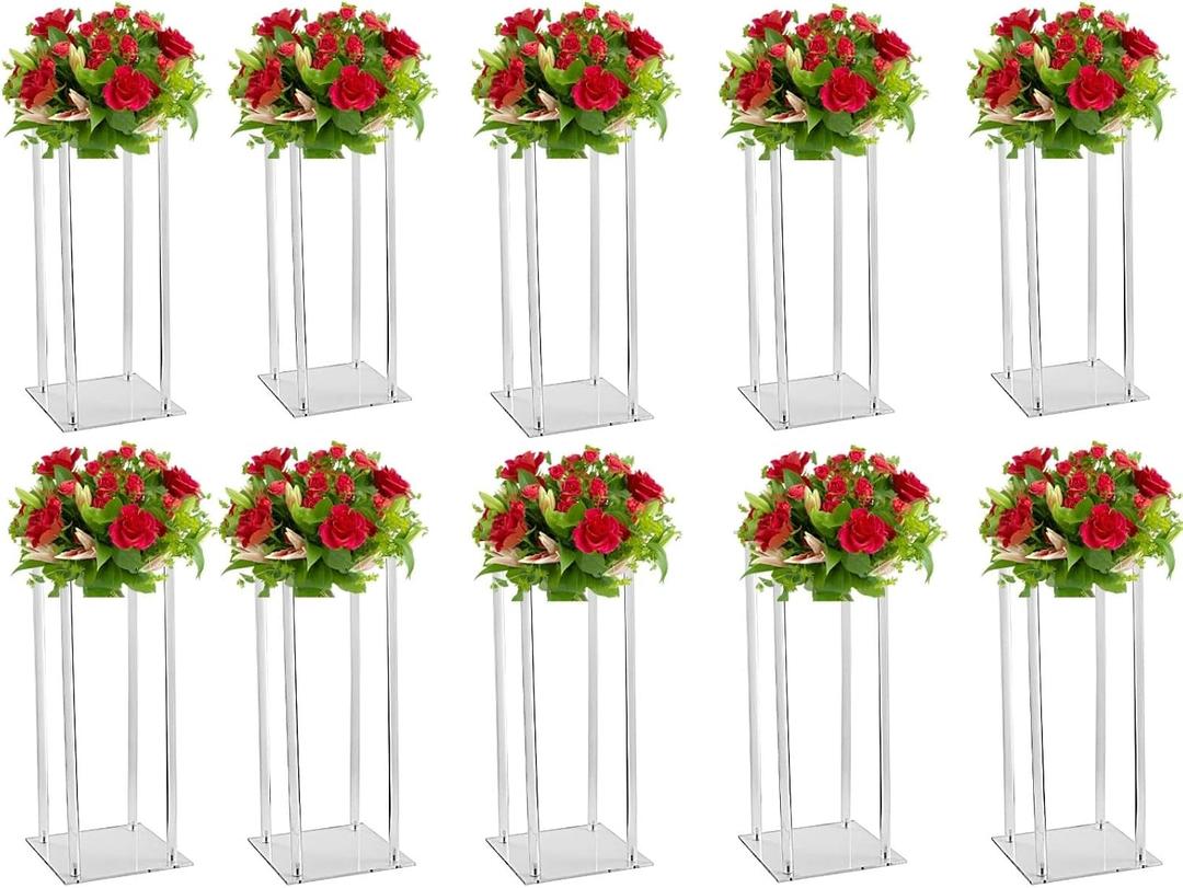 10 Pcs Acrylic Clear Vases for Wedding Centerpieces, 23.62in Tall Flower Stand, Engagement Home Party Table Decor Centerpiece Vases, Rectangular Acrylic Flower Stand with 50 Pcs Gold Napkin Rings