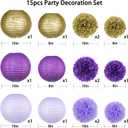 KAXIXI Hanging Party pom pom Set, 15pcs Purple Gold Paper Flowers Pom Poms Balls and Paper Lanterns for Wedding Birthday Bridal Baby Shower Graduation, LanternPomPom010