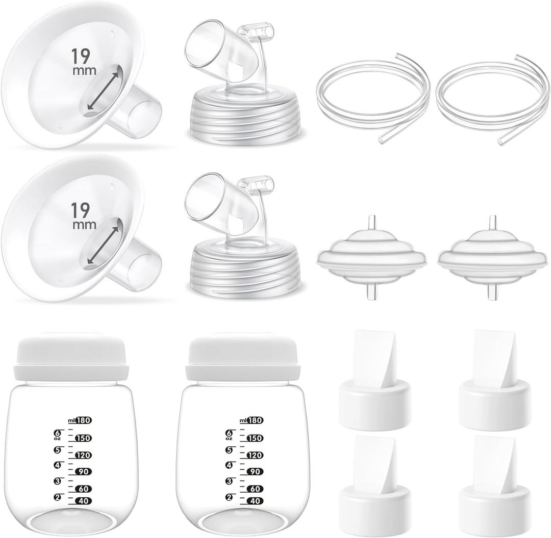Full Breast Pump Parts with 19mm Oval Soft Rim Flanges and Wide-Mouth Base Connector for Spectra S2 S1 9 Plus SG, Medela, Lansinoh Pumps, Include Flange, Valve, Backflow Protector, Tubing and Bottle
