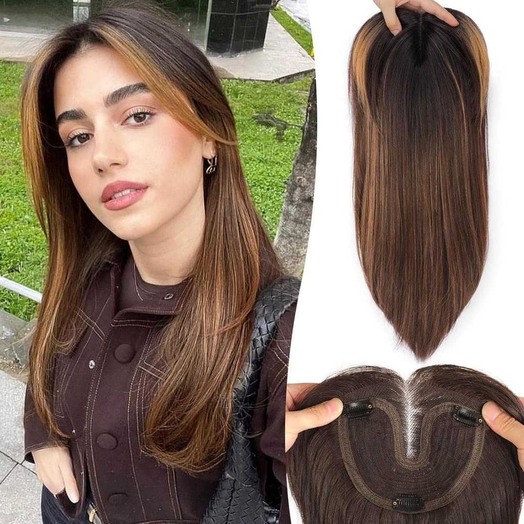 Brown Highlight Synthetic Hair Toppers for Women with Thinning 3D 360 Cover Clip in Wispy Bangs Upgraded Adjustable Bandage 18 Inch Long Layered