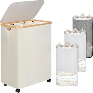 iEGrow Lagre Laundry Basket with Wheels, Laundry Hamper with Lid, 160L Clothes Hamper for Laundry with 3 Liner Bags, for Laundry Room, Bedroom, Dormitory Organization,Beige