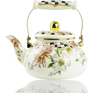Floral Enamel Tea Kettle Bohemian Vintage Teapot Hot Water Coffee Kettle Pot 2.5L Porcelain Beige Colorful Rustic Tea Pot for Stovetop Hot Water Kitchen Decor