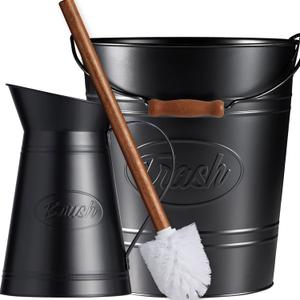 Set 2, Farmhouse Bathroom Trash Can and Toilet Brush Set, Rustic Bathroom Accessories, Primitive Western Country Bathroom Decor, Galvanized Vintage Toilet Bowl Brush with Holder (Black)