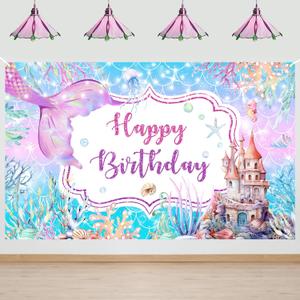 Avezano Mermaid Happy Birthday Banner Purple Mermaid Birthday Party Decorations Under The Sea Backdrop for Girls Ocean Theme Bday Party Decor (6x3.6ft)