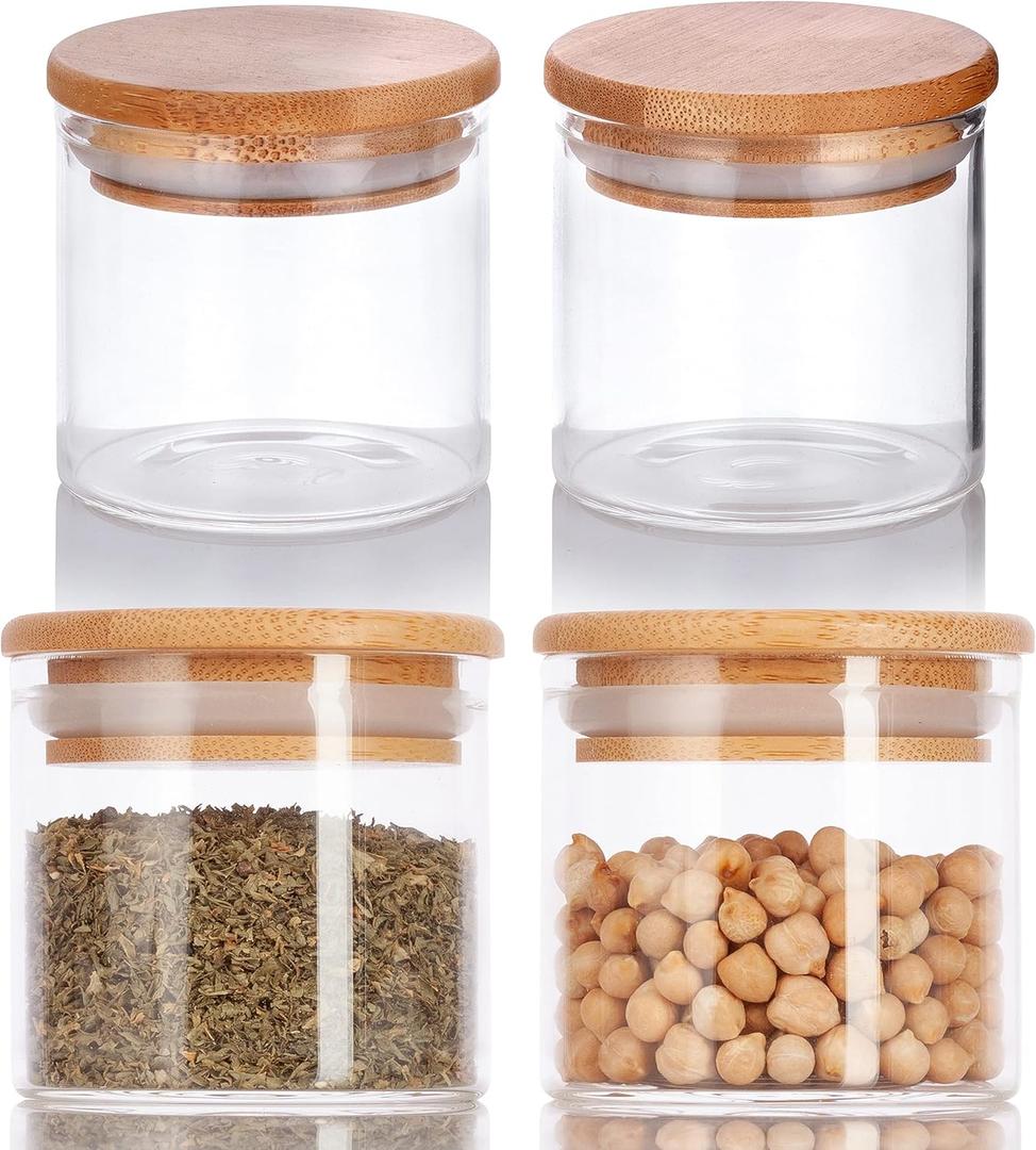 JUVITUS 4 oz Clear Glass Jar with Wood Bamboo Silicone Sealed Lid (4 Pack)