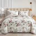 Flysheep 3 Pieces Quilt Set Full/Queen Size, Beige Floral Reversible Bedspread Coverlet Set, Soft Microfiber Lightweight Bed Cover for All Season (90" x 90", 1 Quilt+ 2 Pillow Shams)