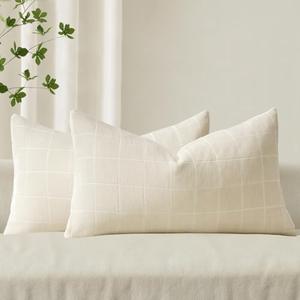 MIULEE Decorative Chenille Check Lumbar Throw Pillow Covers Vintage Plaid Couch Pillows 12x20 Inch Set of 2 Neutral Boho Farmhouse Cushion Covers Modern Spring Decor for Sofa Bed Living Room Cream